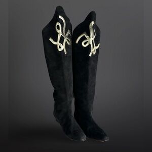 Vintage 1980s Karl Lagerfeld suede over the knee boots w/ gold applique Sz 8.5